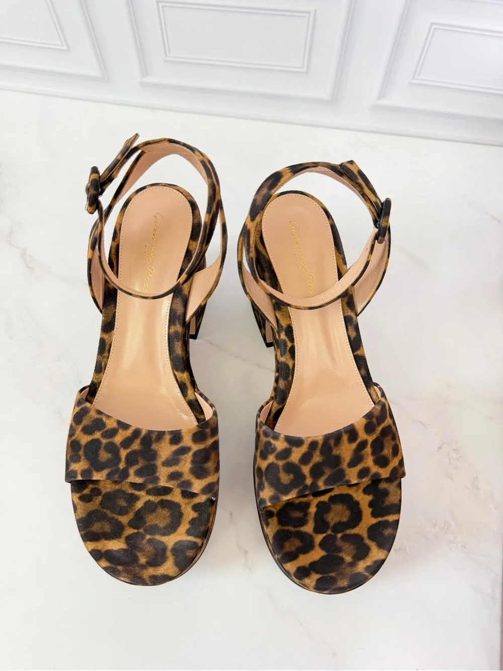 Gianvito Rossi Alma Leopard Print Platform Sandals Ankle Strap Block Heel EU 38
